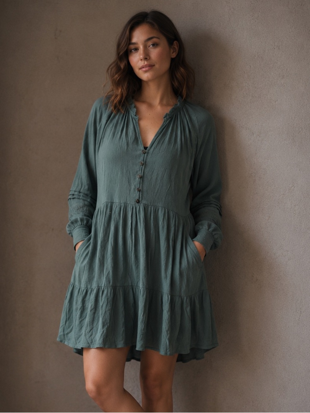 Knox Rose Green Ruffle Layered Pockets Lined Peasant Boho Dress Size Small